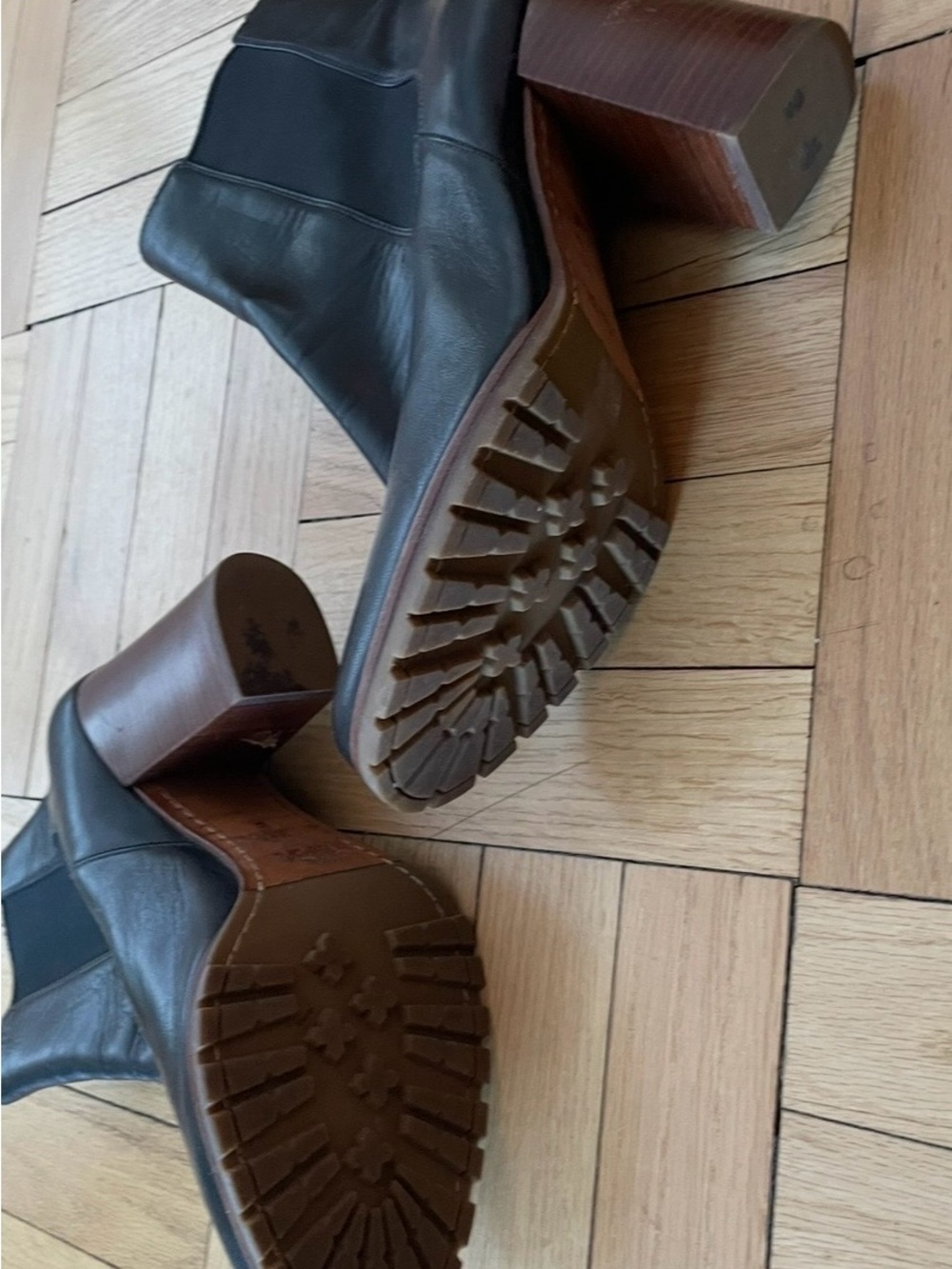 Coach Black Leather Ankle Boots with Brown Block Heels